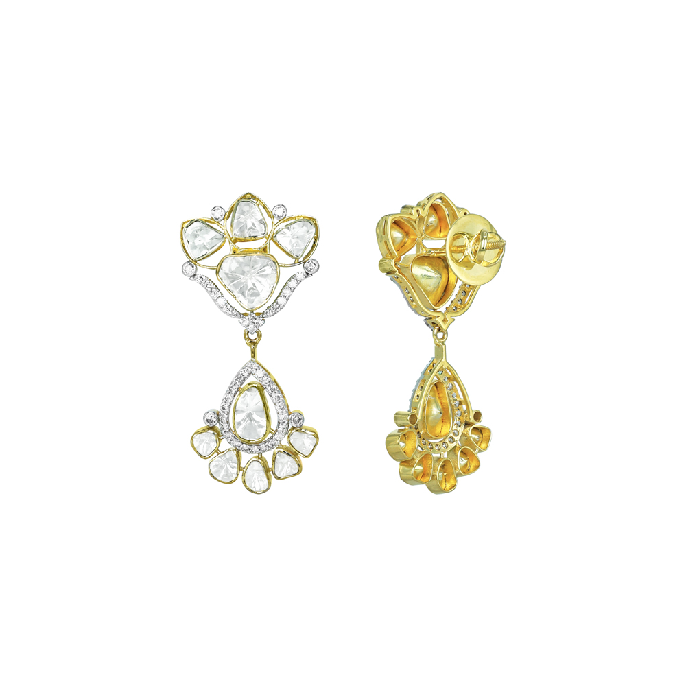 Teardrop Polki Earrings with Diamonds and Dangling Motif